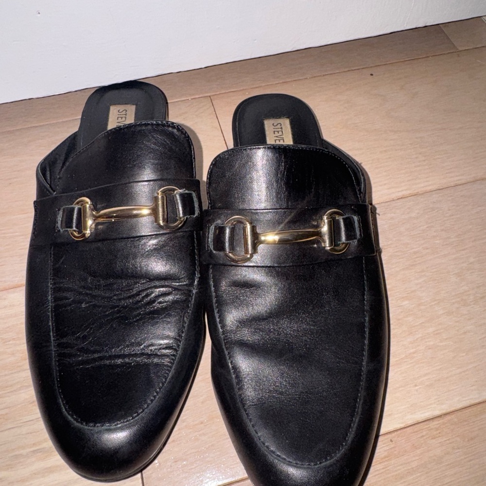 Steve Madden Black Leather Slip-On Loafers with Gold Accent